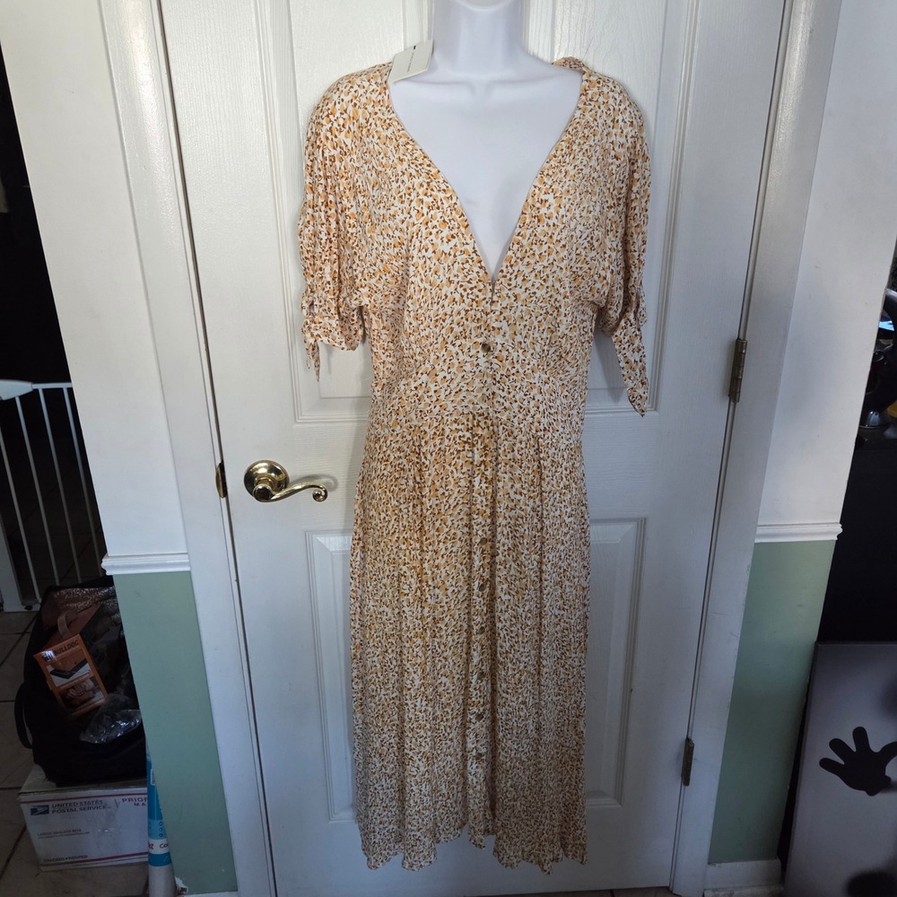 Faithfull The Brand Billie Midi Dress Dahlia Floral Print Yellow Brown US 6 M